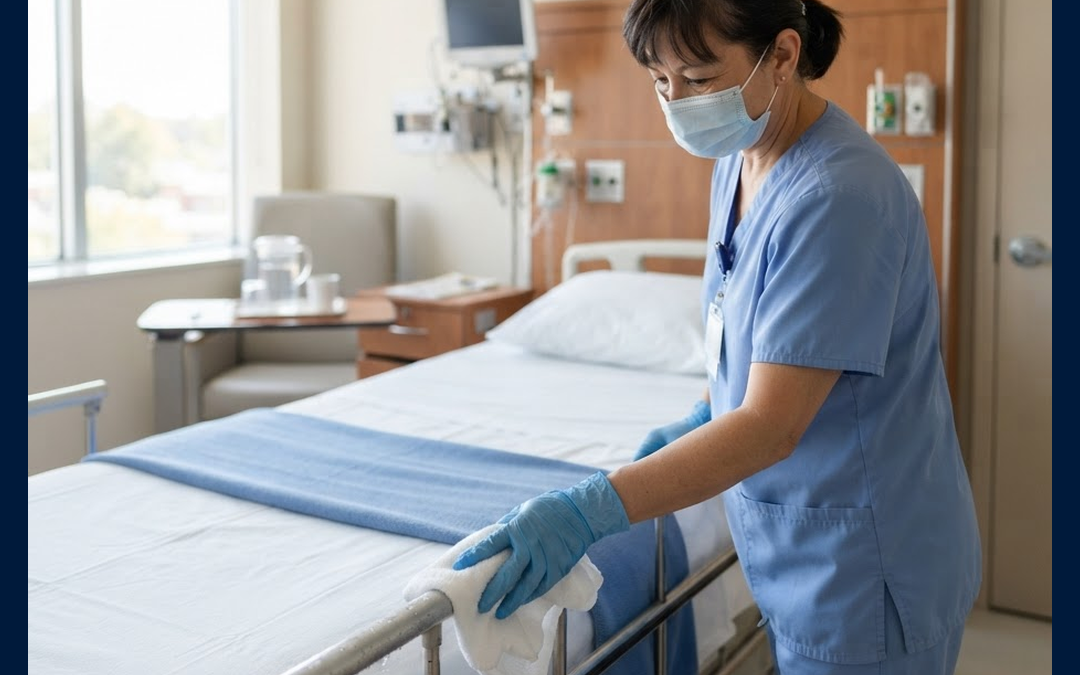Agente de bionettoyage désinfectant un lit dans une chambre d'hôpital