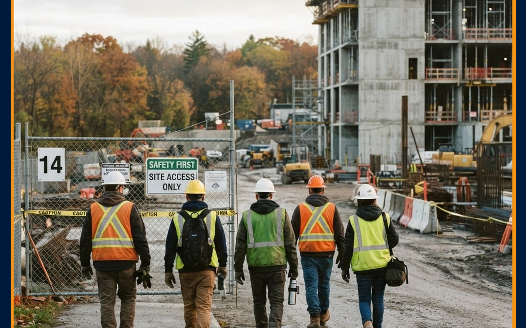 Équipe mixte de compagnons, intérimaires et sous-traitants arrivant sur un chantier BTP