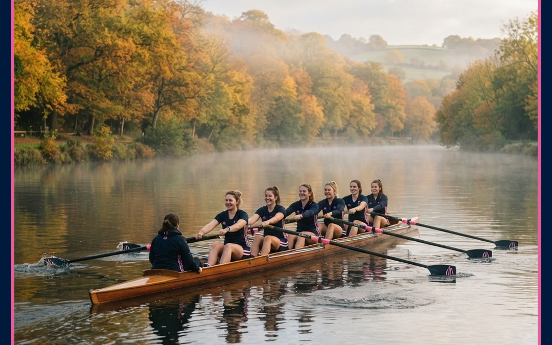Équipage féminin d'aviron sur une rivière en automne, Octobre rose avec Teleric