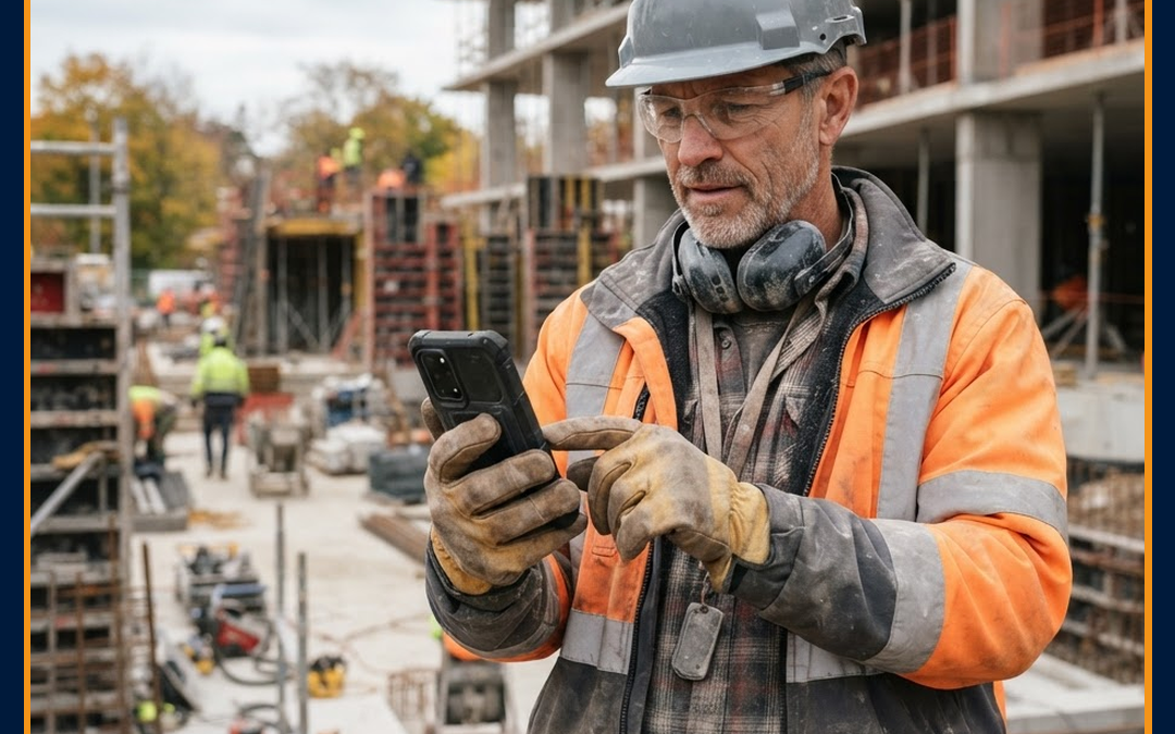 Compagnon expérimenté utilisant un outil digital de pointage sur un chantier BTP