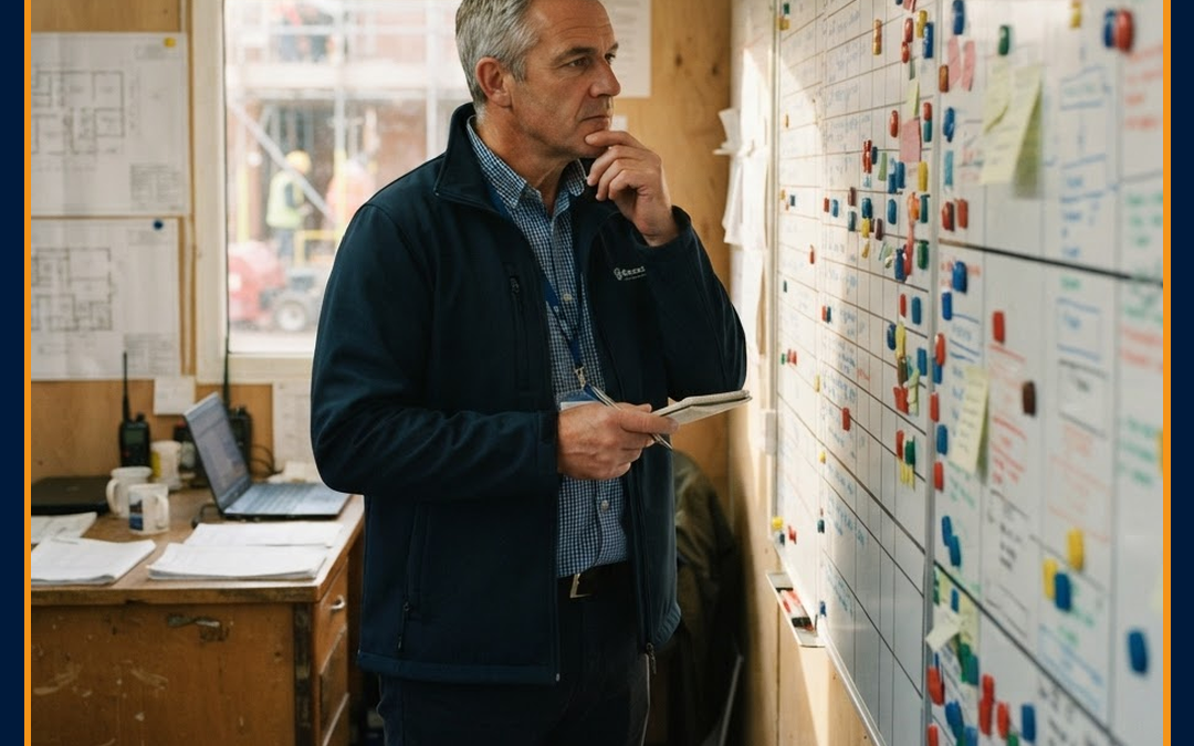 Directeur de travaux devant un tableau de planning de chantiers dans une base vie