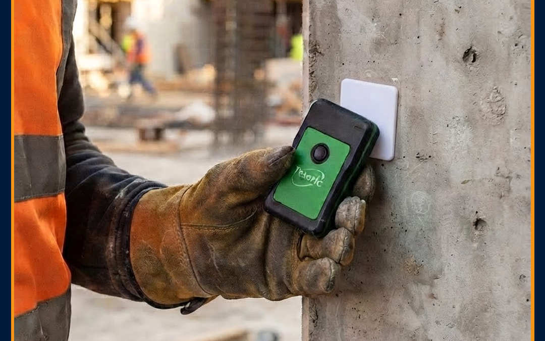 Compagnon pointant avec la pointeuse V5 Mini Teleric sur une pastille RFID fixée à un poteau béton