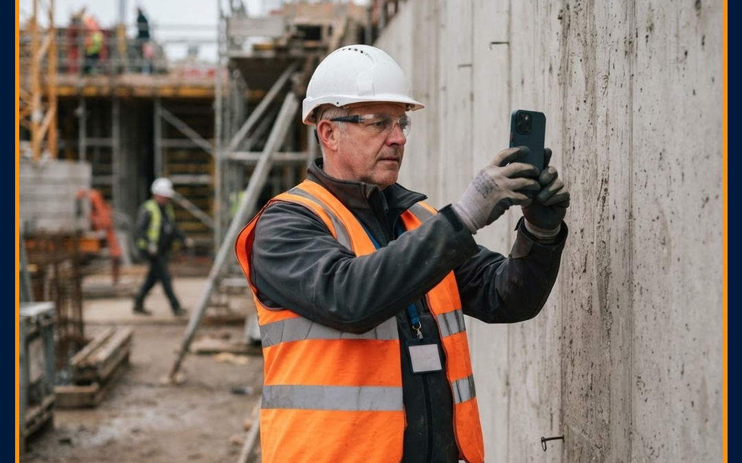 Conducteur de travaux photographiant un mur en béton sur un chantier BTP